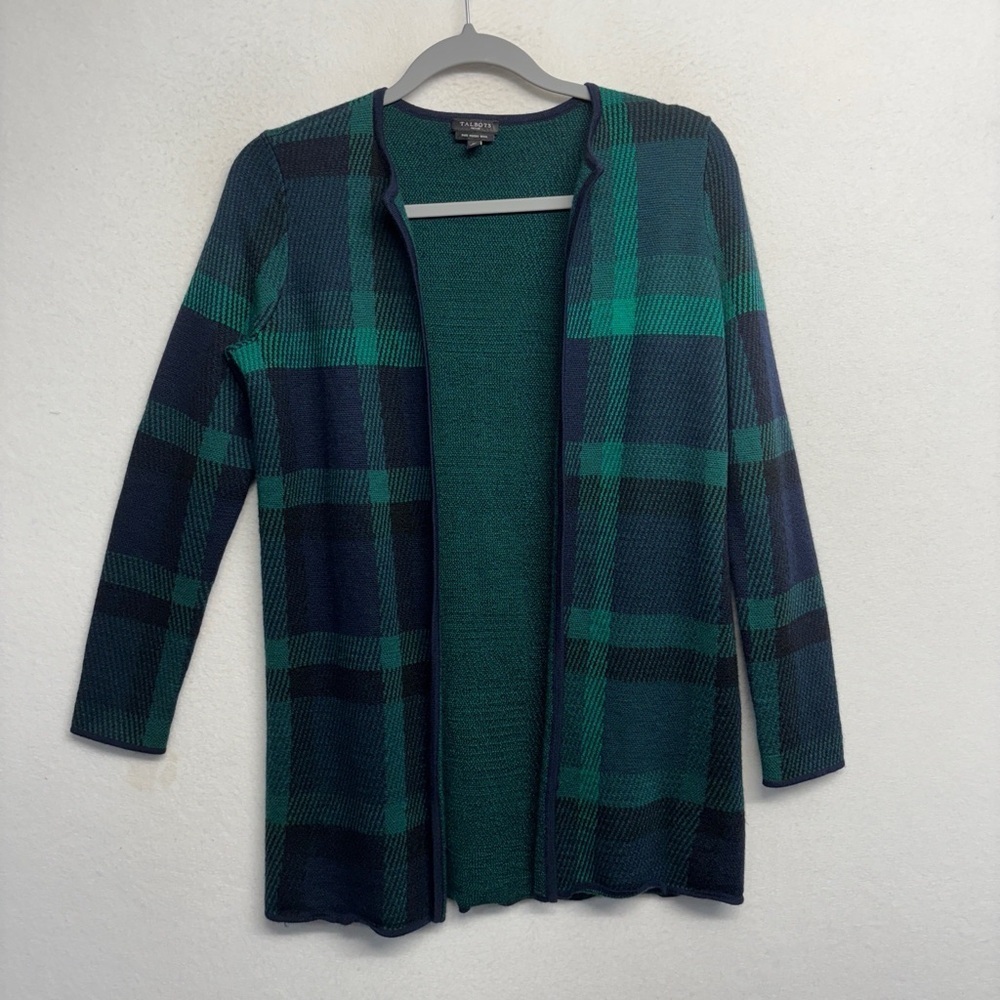 Talbots Pure Merino Wool Cardian‎ Jacket Tartan Plaid Navy Green Sp Petite